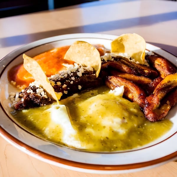 Huevos Rancheros with red and green sauce, refried beans, fried plantains, and tortilla chips.