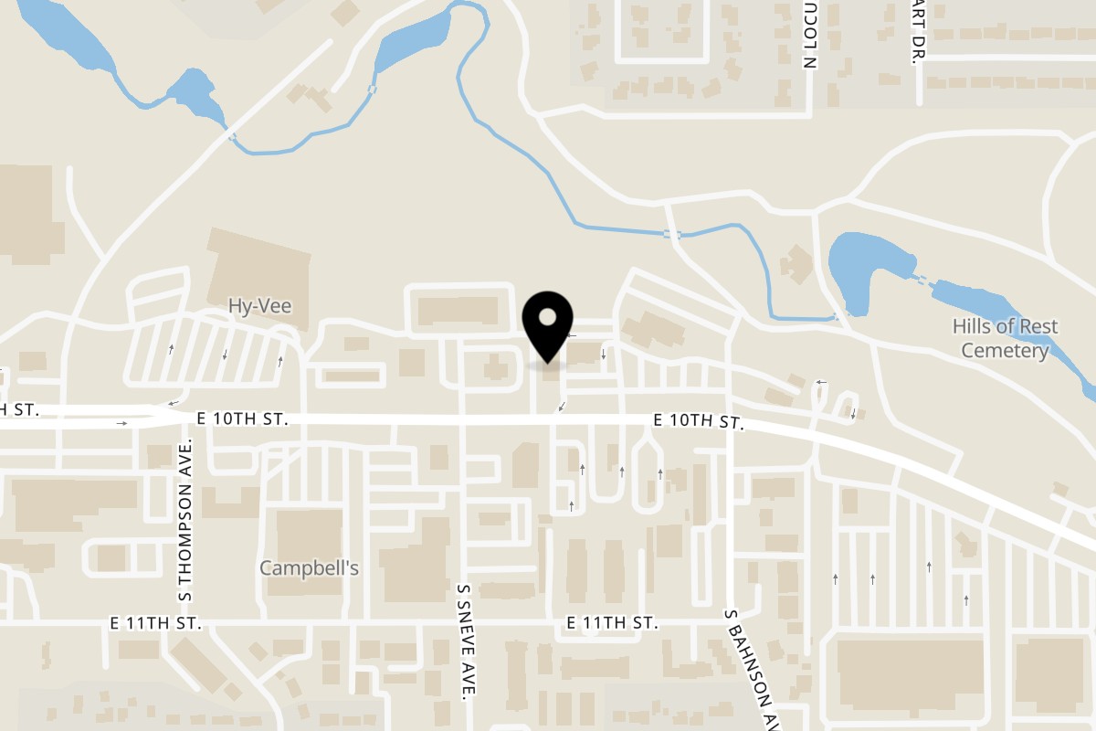 Map showing the location of Jacky's Restaurant on 3308 E 10th St in Sioux Falls